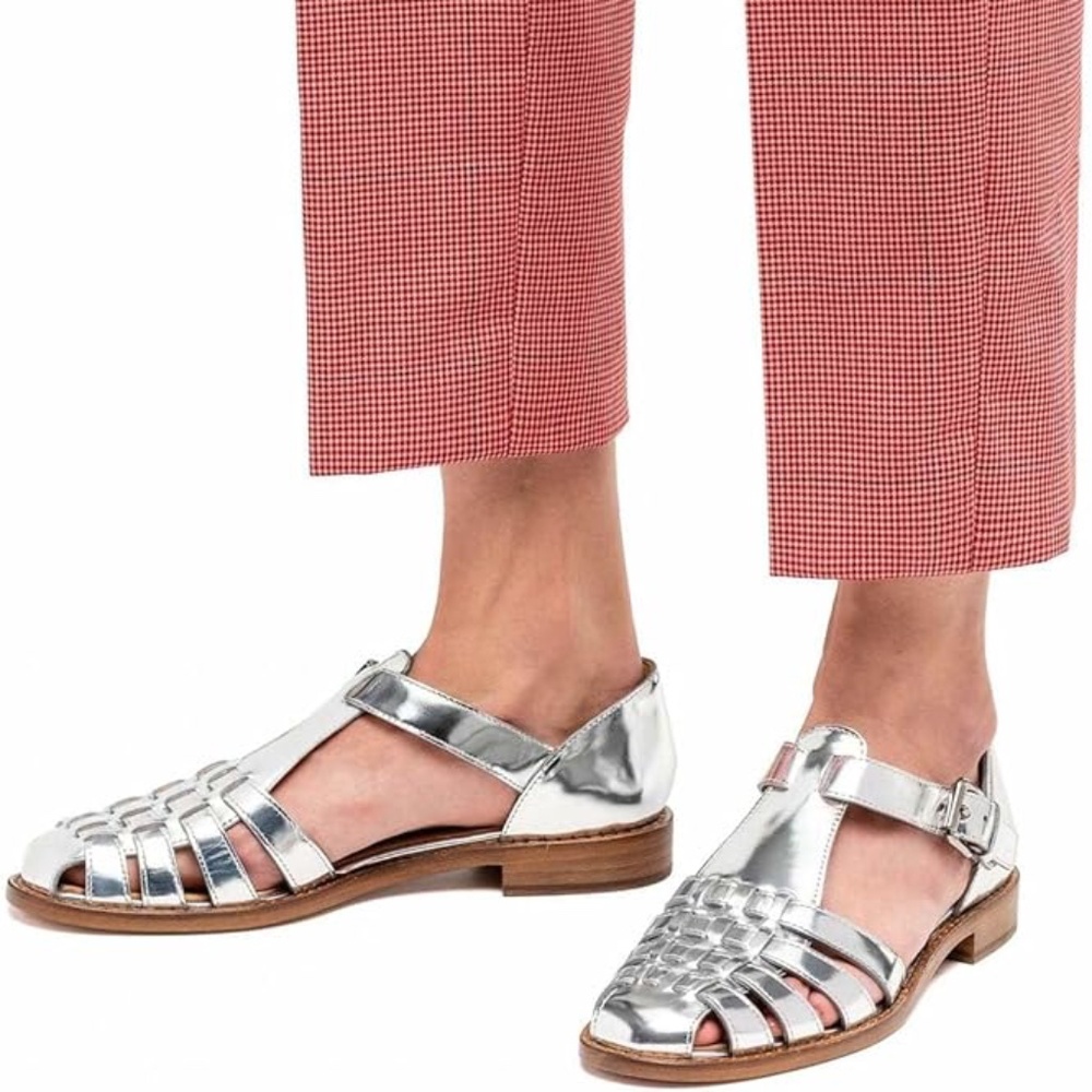 Women Retro Closed Toe Flats Silver Fisherman Sandal Sz 7